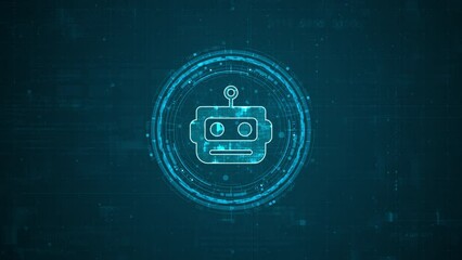 Poster - Motion graphic of Blue digital robot head logo and circle futuristic HUD with Ai chatbot and machine learning technology with artificial intelligence and robot icon concepts on abstract background
