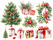 © trompinex - Individual Christmas trees, Christmas gifts and other Christmas decorations. Watercolor painting style.