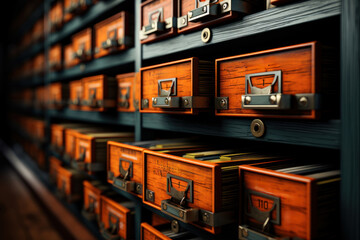 Poster - A library catalog index, illustrating the organization and access to knowledge in a library. Concept of information retrieval. Generative Ai.