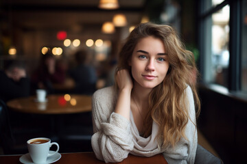 Young beautiful girl sitting table in trendy cafeteria cafe drinking hot fresh coffee Generative AI technology