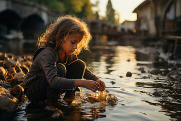 Sticker - A child drinking contaminated water from a polluted river, highlighting the global problem of water pollution and access to clean water. Concept of water quality. Generative Ai