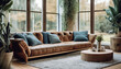 Shaggy brown leather couch with blue cushions by the window. Contemporary interior design of a modern Scandinavian-style living room
