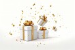 Merry New Year and Merry Christmas 2024 white gift boxes with golden bows and gold sequins confetti on white background.