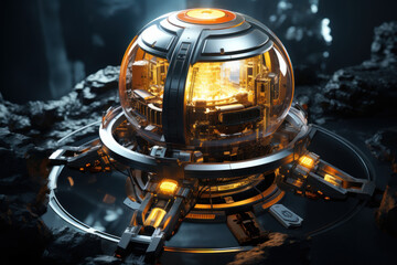 Poster - a futuristic concept art of a space probe powered by a nuclear propulsion system, symbolizing the po