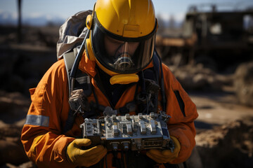Poster - A scientist handling a Geiger counter near a uranium enrichment facility, demonstrating efforts to prevent nuclear proliferation. Concept of non-proliferation. Generative Ai.