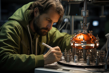 Poster - A worker assembling components for a small modular reactor, demonstrating the versatility of atomic energy technologies. Concept of modular reactors. Generative Ai.