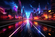 A vibrant burst of neon lights streaking across a dark urban landscape, creating a surreal nocturnal dreamscape. Concept of urban surrealism. Generative Ai.
