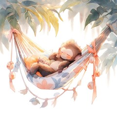 Wall Mural - A sleepy baby monkey in a hammock. watercolor illustration.