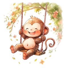 Wall Mural - Cute happy baby monkey on swings on a tree in watercolor.