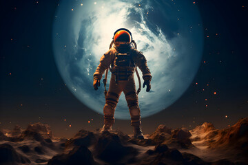 Wall Mural - astronaut stands on the surface of the unknown planet with a breathtaking landscape. big beautiful p