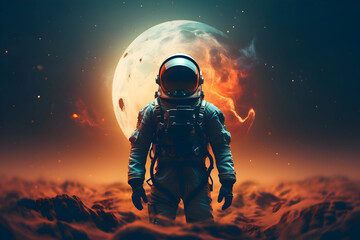 Wall Mural - astronaut stands on the surface of the unknown planet with a breathtaking landscape. big beautiful p