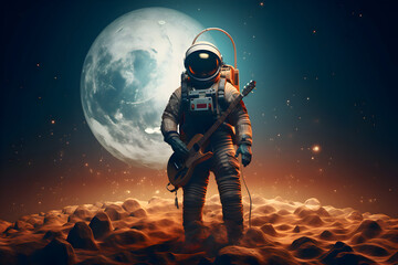Wall Mural - astronaut with a guitar on the surface of the moon. big beautiful planet in the background. space an