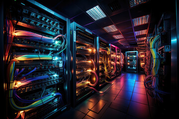 Poster - A complex array of wires and cables converging at a data center, where servers process and transmit information worldwide. Concept of data infrastructure. Generative Ai.
