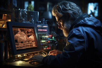 Poster - A scientist observing an oscilloscope's display of electrical waveforms, studying the characteristics of signals. Concept of waveform analysis. Generative Ai.