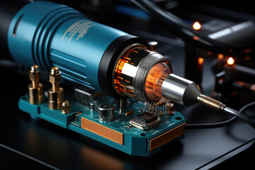 Poster - A close-up of a soldering iron delicately joining two electrical components, showcasing precision craftsmanship. Concept of electrical craftsmanship. Generative Ai.
