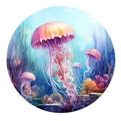 Wall Mural - Jellyfish in an underwater landscape in a circle.