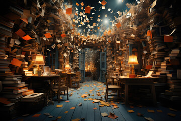 Poster - A room filled with floating books, pages open and words swirling in the air, creating a surreal library of knowledge and imagination. Concept of intellectual exploration. Generative Ai.