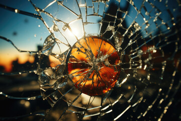 Wall Mural - a distorted reflection in a cracked mirror, where the viewer's image appears fractured and disjointe