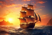 Pirate Ship Sailing On The Ocean At Sunset. Vintage Cruise.