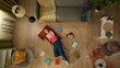 © kinomaster - Top view capturing a young woman laying on the floor of her room, flipping pages of the book, reading patiently.