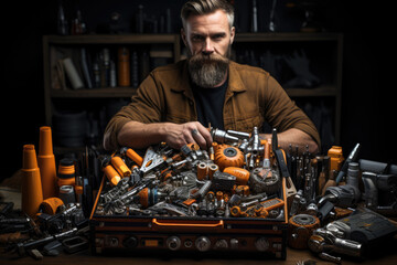 Poster - A person holding a toolbox with various tools, representing the resourcefulness and adaptability required in entrepreneurial endeavors. Concept of problem-solving. Generative Ai.