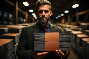 Canvas Print - A close-up of a person's hand holding a stack of business cards, representing the importance of networking and building relationships in entrepreneurship. Concept of networking. Generative Ai.