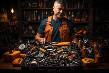 Poster - A person holding a toolbox with various tools, representing the resourcefulness and adaptability required in entrepreneurial endeavors. Concept of problem-solving. Generative Ai.