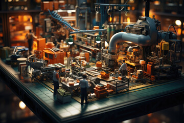 Poster - a factory floor with workers assembling products made from components sourced from various countries