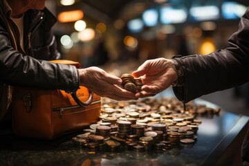 Poster - A person exchanging foreign currency at an international airport, emphasizing the importance of currency exchange in global finance. Concept of foreign exchange. Generative Ai.