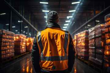Poster - a person wearing a safety vest and hard hat conducting a safety inspection in a distribution center.