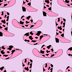 Seamless pattern with pink cowboy boots and hats with cow print. Vector western outline background