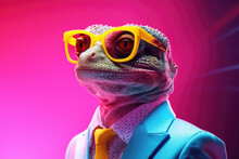A fashionable chameleon in stylish sunglasses and a trendy blue suit