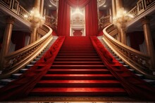 A Grand Staircase Leading To An Opulent Room With Red Curtains