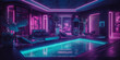 © zaschnaus - Luxurious cyberpunk-style hotel spa with a futuristic indoor pool area and oriental-inspired furniture in optimistic bright neon colors. Synthwave style interior. Generative AI