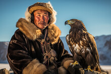 An Old Man Sitting On A Rock With An Eagle On His Arm Created With Generative AI Technology
