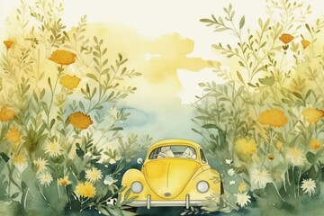 Wall Mural - Watercolor illustration of bunny in a yellow car, surrounded by flower bushes in a charming landscape. Generative AI