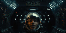 Intense Gaze Of An Astronaut Inside A Technologically Advanced Spaceship, Surrounded By An Array Of Illuminated Controls And Panels. Adventure Beyond Earth. Generative AI.