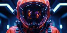 Close-up Of A Futuristic Astronaut In A Neon-lit Environment, Showcasing Reflections In The Helmet's Visor. Generative AI.