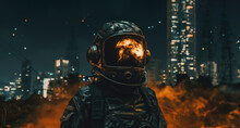 A Post-apocalyptic Scene With A Dark Figure Wearing A Weathered Gas Mask, Reflecting A Fiery Explosion Amidst An Urban Backdrop. The Atmosphere Conveys A Sense Of Foreboding. Generative AI.