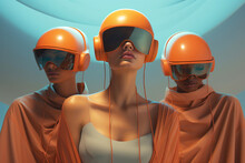 Three Futuristic Women Donned In Orange Helmets And Visors Stand Against A Calming Blue Background, Capturing A Surreal Blend Of Technology And Fashion. Generative AI.