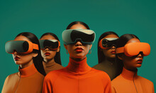 Five Women Don Futuristic VR Goggles Against A Bold Turquoise Background, Highlighting The Fusion Of Fashion And Technology. Their Poised Stances Signal Readiness For A Digital Journey. Generative AI.