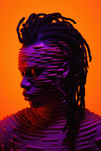 A Captivating Portrayal Of A Black Man With A Distorted Facial Structure Against A Vibrant Orange Background. Spiraling, Intertwined Patterns Emerge From The Figure's Silhouette. Generative AI.
