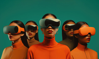 Five women don futuristic VR goggles against a bold turquoise background, highlighting the fusion of fashion and technology. Their poised stances signal readiness for a digital journey. Generative AI.