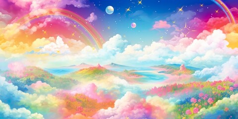 Wall Mural - Fantasy sky rainbow. Fairy skies rainbows colors, magic landscape and dream sky.