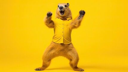 Wall Mural - A cheerful marmot in a T-shirt dances a cheerful dance on a yellow background. Groundhog Day