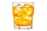 Fototapeta  - A glass of orange soda water with ice cubes on white background.