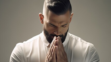 Close up portrait of man who prays. Hands in praying position. Prayer to god with faith and hope. Concept for religion, worship, love and spirituality. Illustration for cover, card, banner, poster.