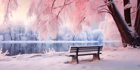 Bench in city snowy winter park with lake and beautiful trees in frosty weather.