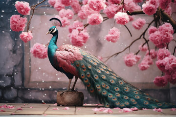 Wall Mural - Colorful peacock on the background of pink sakura branches