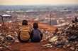 Lonely african children back view sitting on a garbage dump and looking at the city